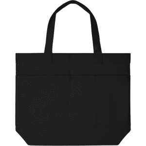 A black tote bag featuring three pockets and sturdy handles for easy carrying. It includes a logo design.