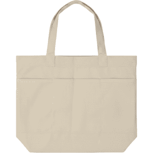 A beige tote bag with three pockets and dual handles. It features a plain design with no visible logos.