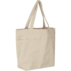 A beige tote bag with three pockets and long handles, featuring a logo.