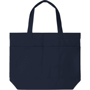 A navy tote bag featuring three pockets and two handles, with a simple design and a logo.