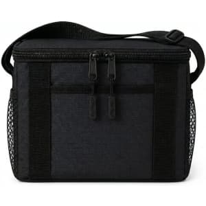 A black tote bag with a zippered top, featuring mesh side pockets and a shoulder strap. It has a simple logo.