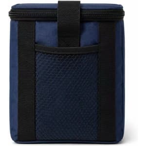 A navy cooler bag with a mesh pocket and black straps, featuring a zip closure. Includes a logo on the front.