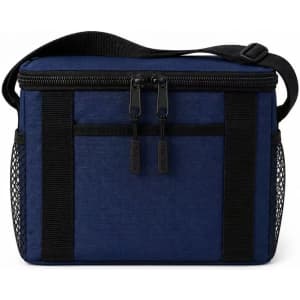 A dark navy cooler bag with a zip closure, side mesh pockets, and a detachable shoulder strap.