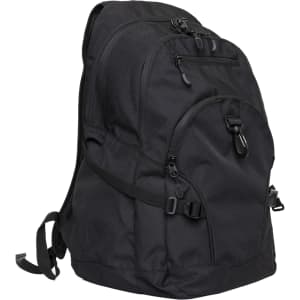 A black backpack with multiple compartments, zippers, and adjustable straps. It features a logo on the front.