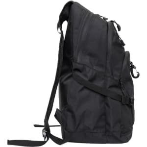 A black backpack with a sleek design, featuring multiple zippers and adjustable straps. It has a discreet logo.