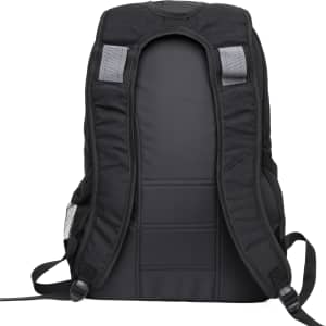 A black backpack with padded straps and back support. Features mesh side pockets and includes a logo.