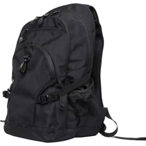 A black backpack featuring multiple compartments and adjustable straps, with a side mesh pocket and branding.