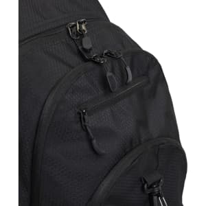 A black Kingston backpack featuring multiple zippered compartments and a textured surface. There's a logo visible on the bag.