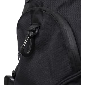 A black backpack featuring a textured surface and a sturdy clip detail. It includes a logo on the exterior.