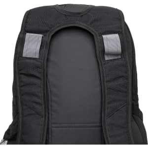 A black backpack featuring padded shoulder straps and a textured back panel. It has a logo on the fabric.