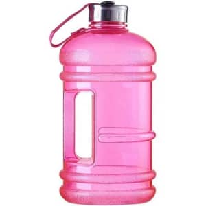 A pink 2.2-litre gym bottle with a handle and a silver lid. It features a logo on the front.