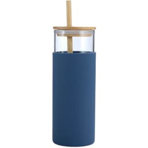 A drink bottle in blue with a clear glass body, featuring a bamboo lid and straw. It has a logo on the side.