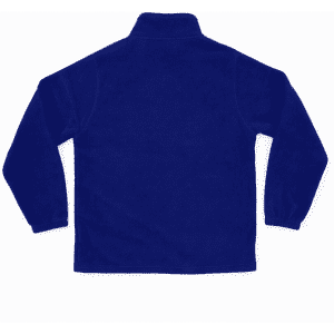 A navy blue polar fleece full zip jacket with a high collar and long sleeves, featuring a logo.
