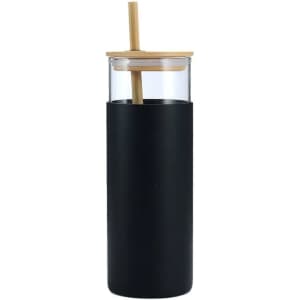 A drink bottle featuring a black exterior, transparent top, and a wooden lid and straw. It includes a logo.