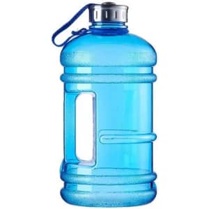 A blue 2.2 litre gym bottle with a handle and a metallic lid, featuring a logo on the side.