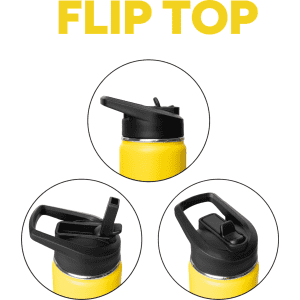 A drink bottle with a yellow body, featuring three different black lid options, including a flip top.