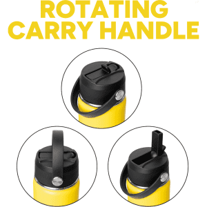 A drink bottle in bright yellow with three different black lid options and a rotating carry handle.