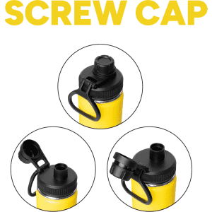 A drink bottle featuring a yellow exterior and a black screw cap, including multiple lid options and a logo.