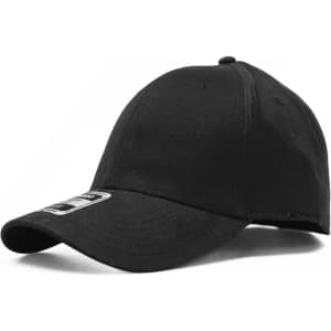 A black cap with a curved brim and a logo on the front, featuring a simple, classic design.