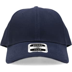 A navy blue cap featuring a branded label on the front.