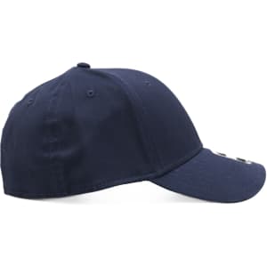 A navy cap with a curved brim and an embroidered logo on the front.