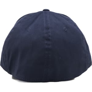 A navy cap featuring a curved brim and a decorative logo at the back.