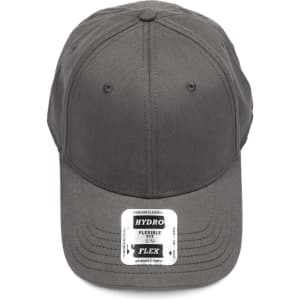 A grey cap with a flexible fit design, featuring a label and a subtle branding logo.