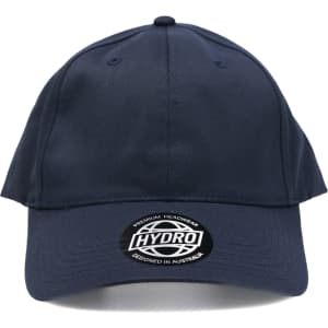 A navy blue cap featuring a brand logo on the front. The design is classic and unembellished.