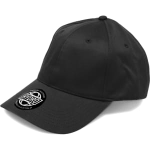 A black cap with a flat brim and a logo patch on the front.