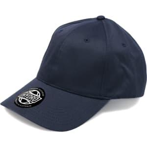 A navy cap featuring a round logo on the front, designed for headwear.