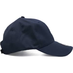 A navy blue cap with a curved brim and adjustable strap, featuring a logo on the front.