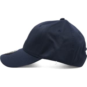 A navy blue cap featuring a logo on the side, shown from a side angle.