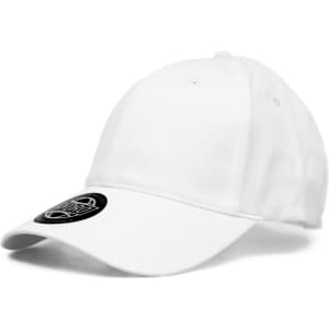 A white cap with a curved brim, featuring a logo on the front and vented eyelets.