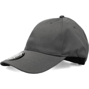 A grey cap featuring a branding logo on the front and a curved brim.