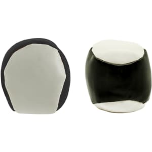 A black and white hacky sack with a smooth surface and rounded shape, featuring a logo on one side.