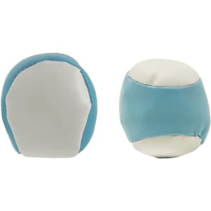 A hacky sack with a light blue and white design, featuring a soft fabric exterior and a round shape.