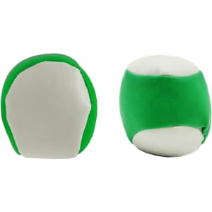 A green and white Hacky Sack with a smooth, round design. It features a logo on the surface.