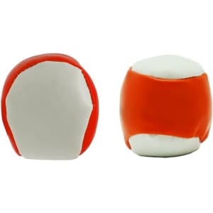 A novelty hacky sack featuring a red and white design, with a smooth surface and rounded shape.