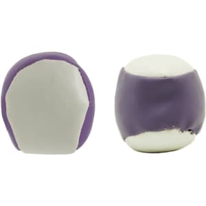 A purple and white Hacky Sack, featuring a smooth, rounded design with distinct sections and a logo.