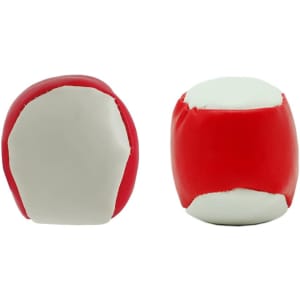 A colourful hacky sack, featuring red and white panels, designed for fun and games. It has a smooth, rounded shape.