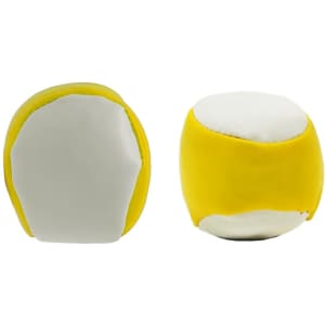 A yellow and white Hacky Sack, featuring a rounded shape and a smooth surface with a logo.