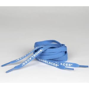 Blue printed shoelaces with aglets, neatly coiled together on a plain background.