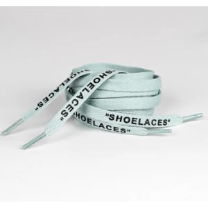 A pair of light blue shoelaces with black text reading "SHOE LACES" on each lace.