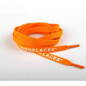 Bright orange shoelaces with white text, featuring a logo on the ends. Ideal for enhancing footwear style.