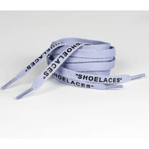 A pair of light blue shoelaces with the word "SHOE LACES" printed along the length, featuring a branding logo.