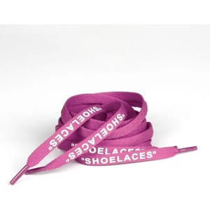 Purple printed shoelaces arranged in a coiled shape, featuring a logo on one side.