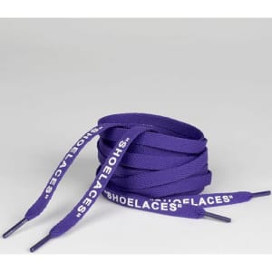 Purple printed shoelaces with a branding logo, coiled neatly. Ideal for adding a pop of colour to footwear.