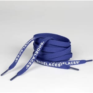Navy blue shoelaces with white lettering, neatly coiled for display. Includes a logo.