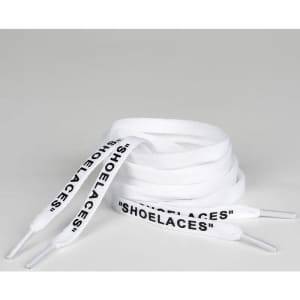 White shoelaces with black text, neatly arranged in a coiled shape, featuring a branded logo.