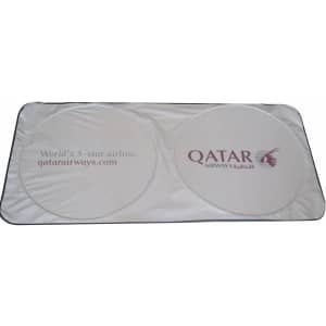 A foldable car sun visor in silver with two round sections and a logo on the side.